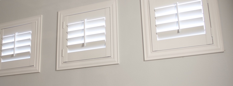 Square Windows in a Boston Garage with Plantation Shutters